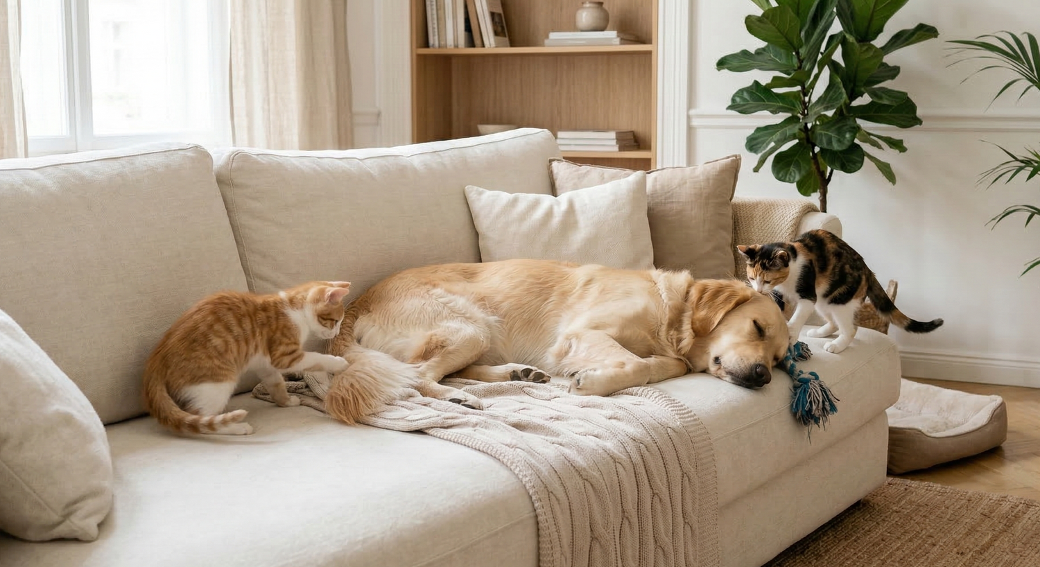 Dog and cat lying on a beige sofa with plants and bookshelf in the background